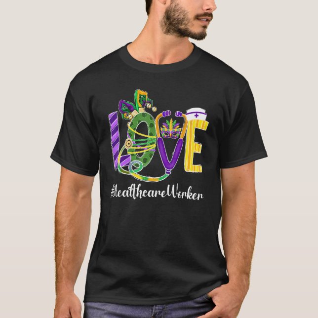 T-shirt Love Healthcare Worker Leopard Mardi Gras Festival (Devant)