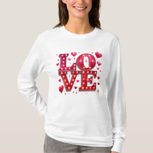 T-shirt Love Heart Glittery Rouge rose Saint Valentin Blan