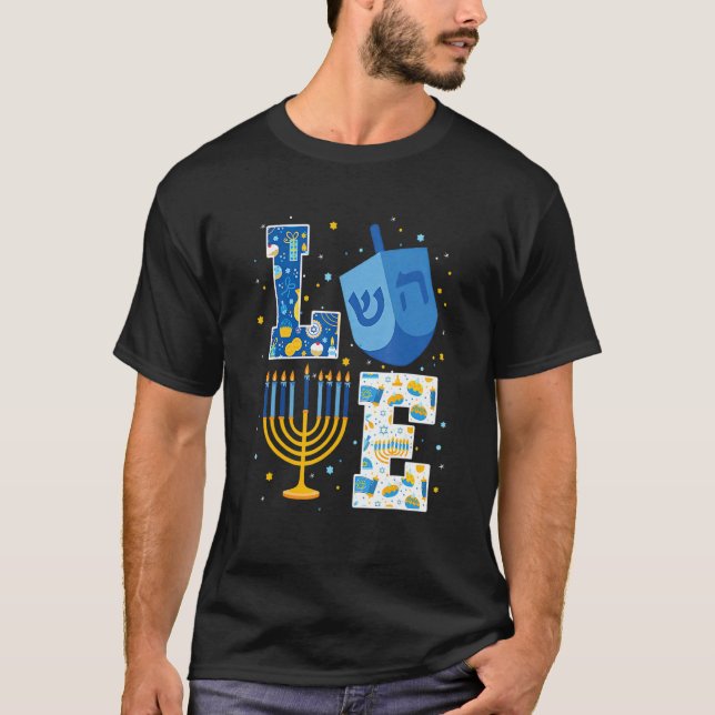 T-shirt LOVE Mignonne Hanoukka Décorations Dreidel Menorah (Devant)