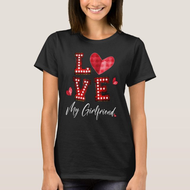 T-shirt Love My Girlfriend Red Plaid Heart Light Happy Val (Devant)