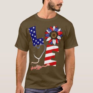 T-shirt Love Nurse Life 4 juillet Drapeau américain Sunflo