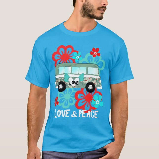 T-shirt Love & Peace Hippie Flowery Camper Van Fun Graphis (Devant)