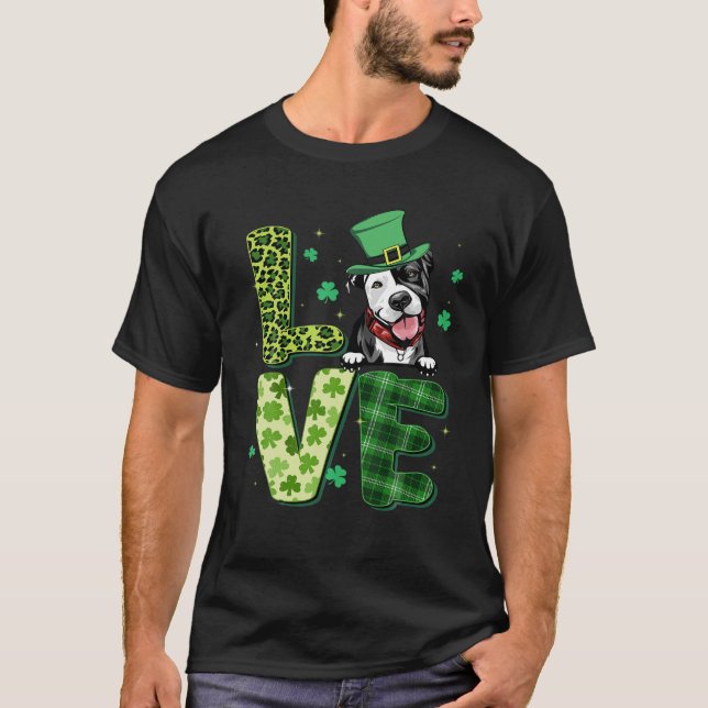 T-shirt Love Pitbull Shamrock Leopard Plaid Happy St Patri (Devant)