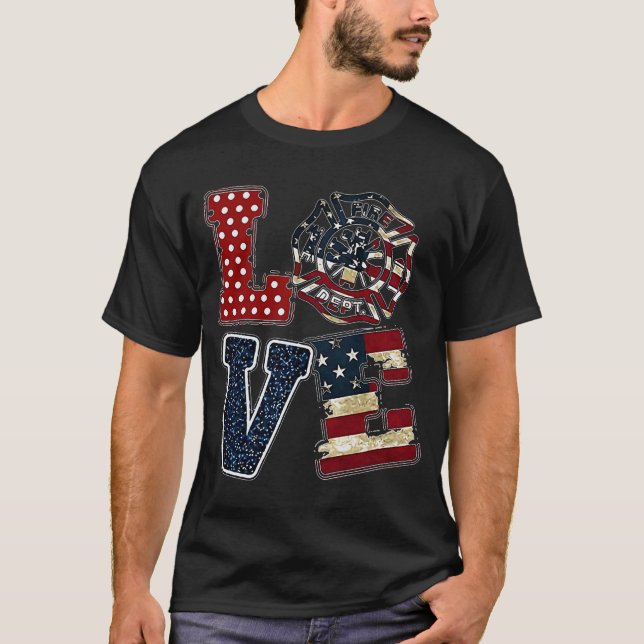 T-shirt Love USA Firefighter drapeau américain 4 juillet T (Devant)