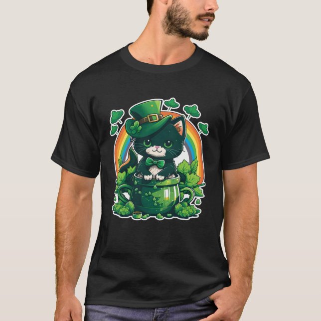 T-shirt Lucky Cat and Pot Rainbow Shamrock St Patrick s Da (Devant)