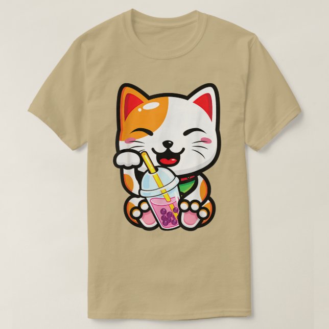 T-shirt Lucky Cat Shirt Cat Boba Tea Bubble Tea Anime Kawa (Design devant)