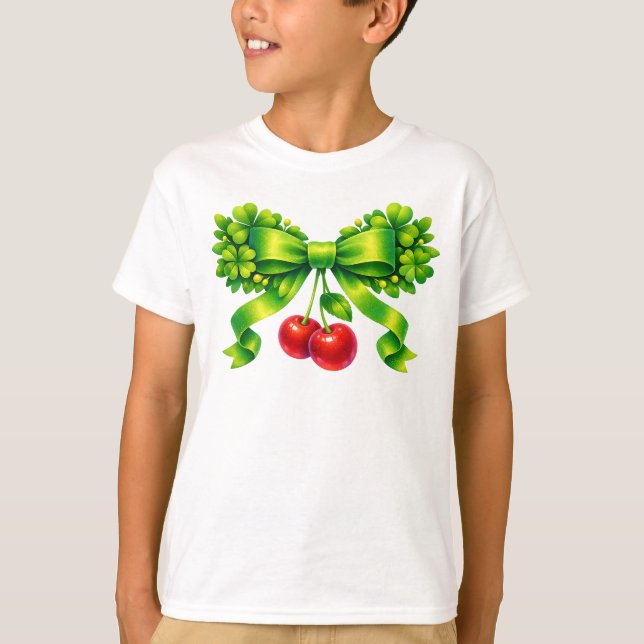 T-shirt Lucky Clover Bow with Cherries Green Design (Devant)