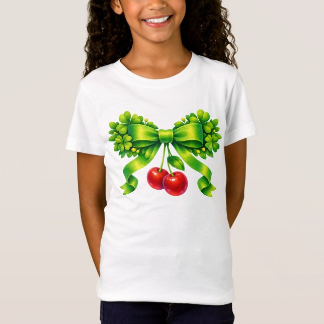 T-Shirt Lucky Clover Bow with Cherries Green Design (Devant)