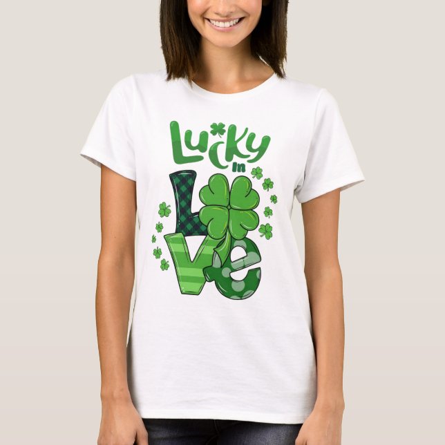 T-shirt Lucky In Love St. Patrick's Day Patterned Shamrock (Devant)