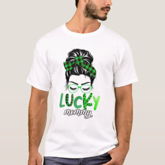 T-shirt Lucky Mommy Leopard Plaid Messy Bun Irish St Patri