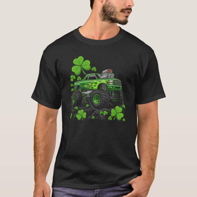 T-shirt Lucky Monster Truck Green Flame Graphic (Devant)