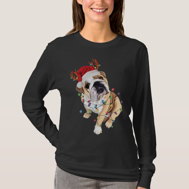 T-shirt Lumière de Noël du Bulldog anglais du Père Noël (Devant)