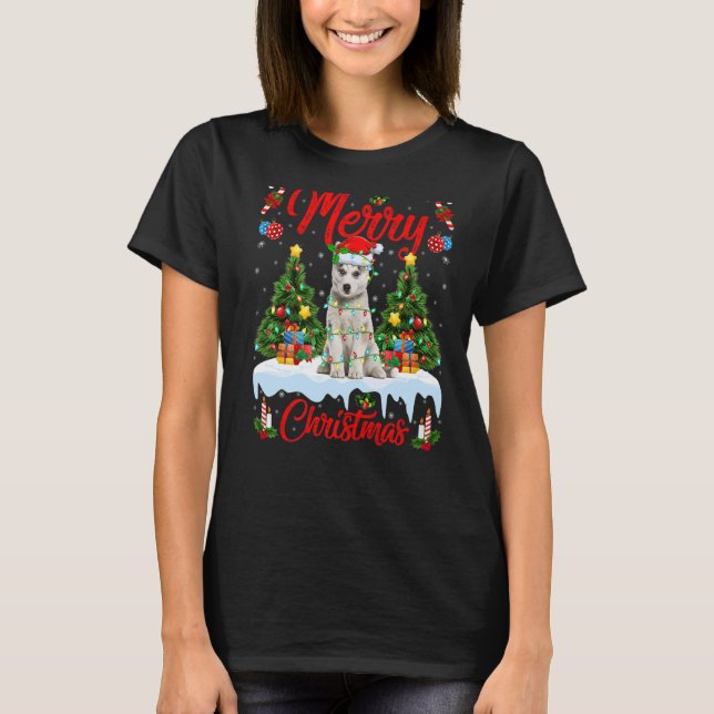 T-shirt Lumières Arbre de Noël Père Noël Chien sibérien Hu (Devant)