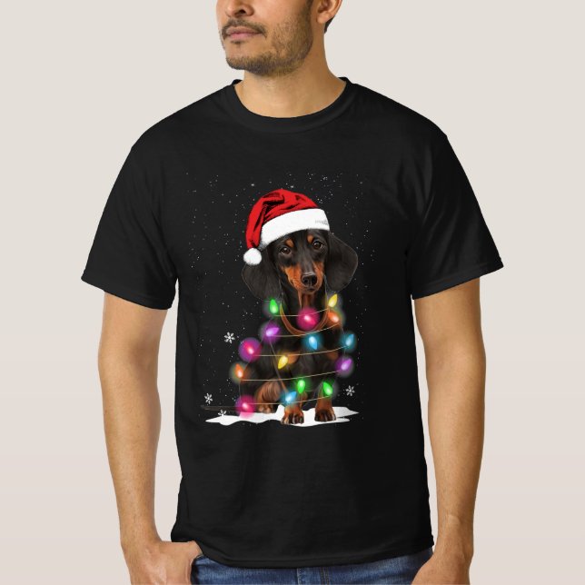 T-shirt Lumières De Noël Dachshund Avec Neige (Devant)