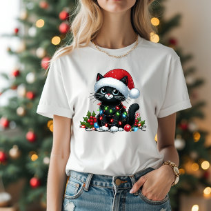 T-shirt lumières de Noël des chats noirs mignons
