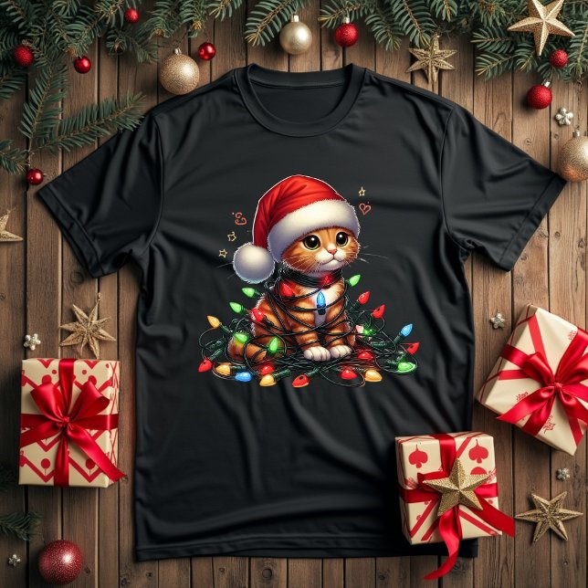 T-shirt lumières de Noël du chat mignon (Créateur téléchargé)