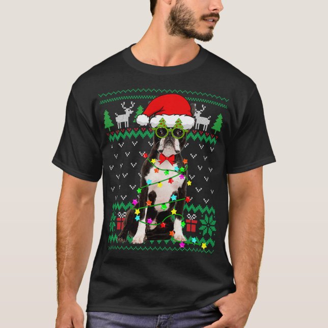 T-shirt Luminaires de Noël doux Boston Terrier Chien P (Devant)