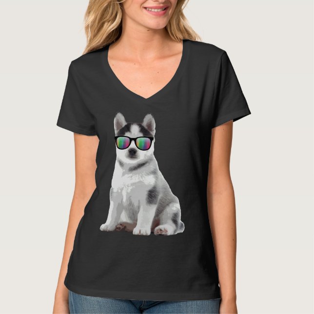 T-shirt Lunettes de soleil Husky Chiens Animaux (Devant)