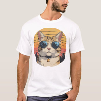 T-shirt Lunettes de soleil Papa Chat Coucher de soleil Rét