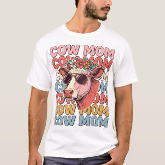 T-shirt Lunettes de soleil rétro Cow Mom gravure vintage D