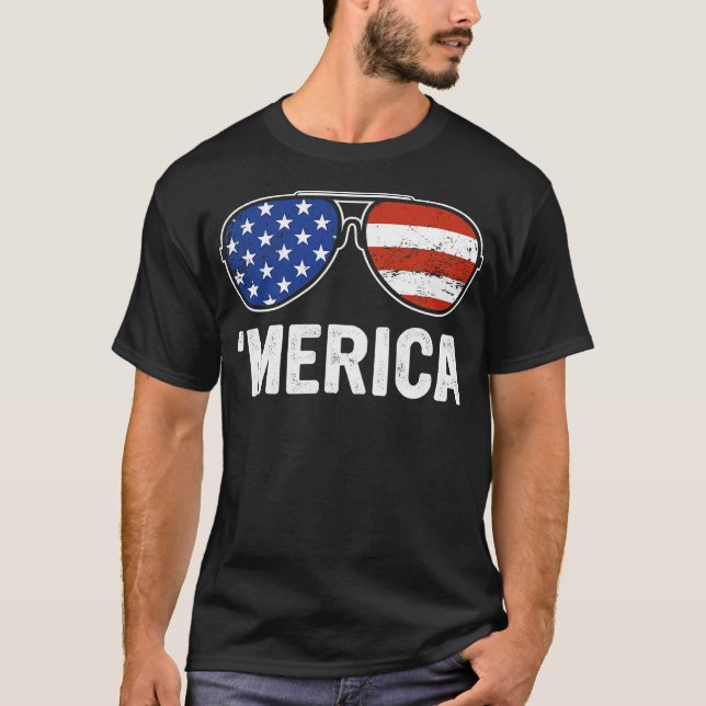 T-shirt Lunettes de soleil Retro Merica USA Drapeau 4 juil (Devant)