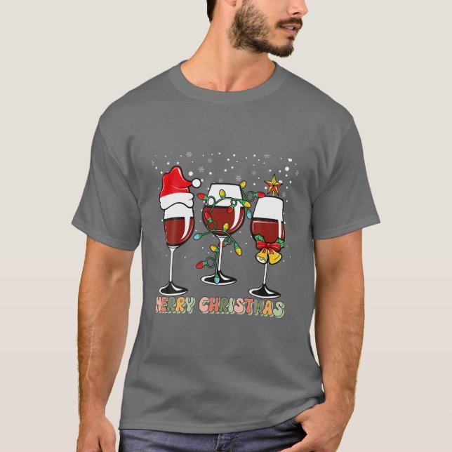 T-shirt Lunettes de vin de Noël Messy avec chapeau de Sant (Devant)