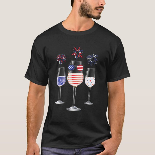 T-shirt Lunettes de vin rouge blanc bleu Drapeau américain (Devant)