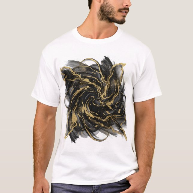 T-shirt Luxury Gold and Black Abstract Marble Ink Flow (Devant)