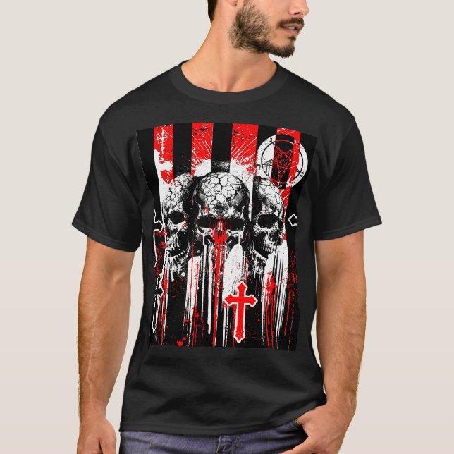 T-shirt Macabre Elégance : Crânes et croix en Cha gothique (Devant)