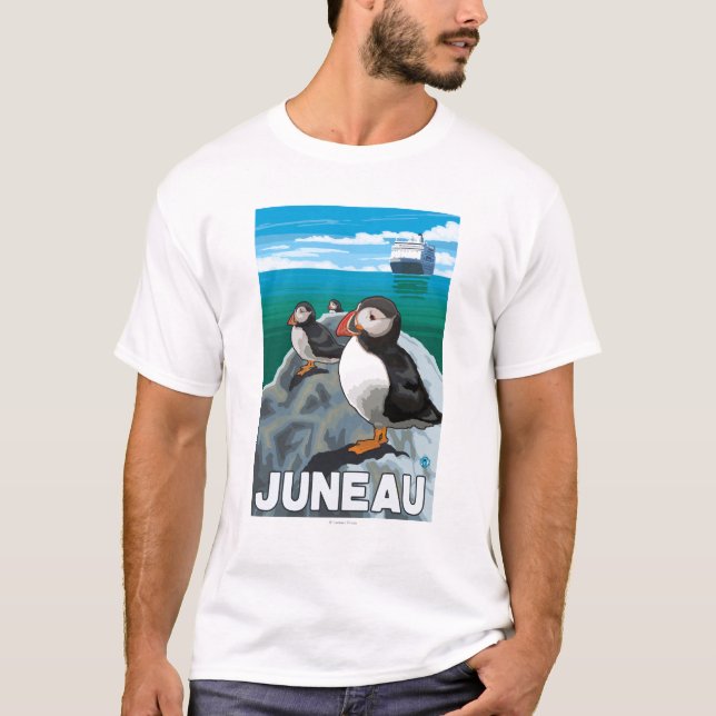 T-shirt Macareux et bateau de croisière - Juneau, Alaska (Devant)