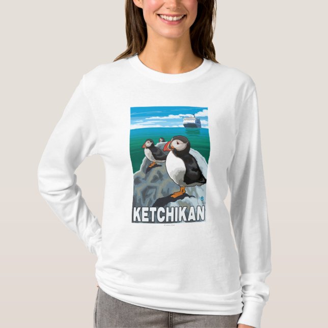 T-shirt Macareux et bateau de croisière - Ketchikan, (Devant)