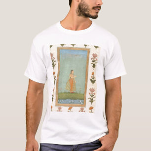 T-shirt Madame tenant une fleur, se tenant prêt un étang