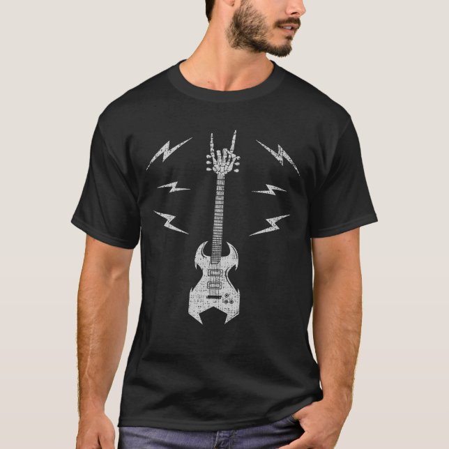 T-shirt Main squelettique de roche de guitare électrique (Devant)