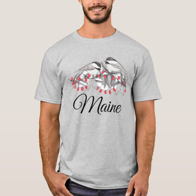 T-shirt Maine Chickadee Bird hiver Noël Vacances Neige (Devant)