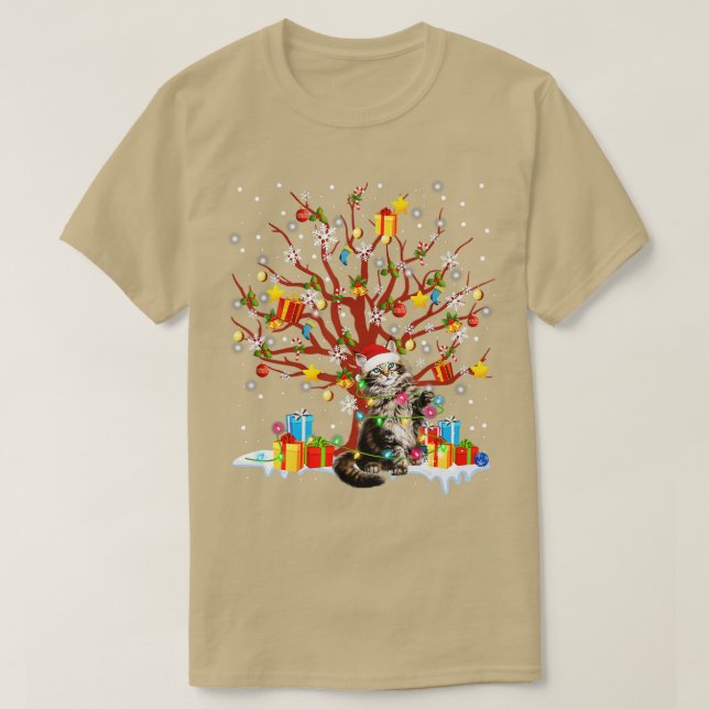 T-shirt Maine Coon Chat Noël Arbre Lumière Ornement Déco (Design devant)