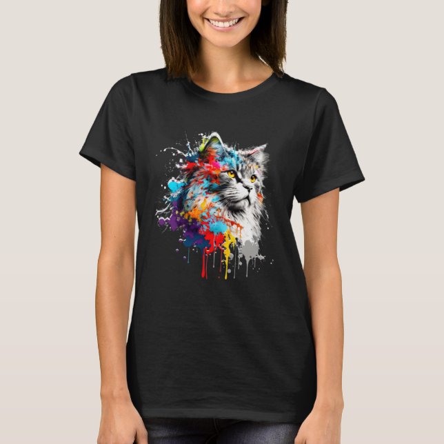 T-shirt Maine Coon Paint Splatter Cat  Splatter Paint (Devant)