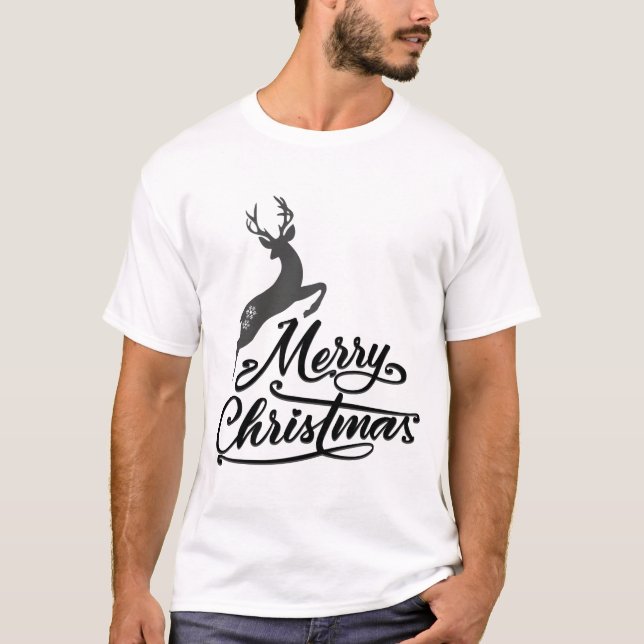 T-shirt Mains De Noël Écrite, Cerf De Jumping Et Flocon De (Devant)