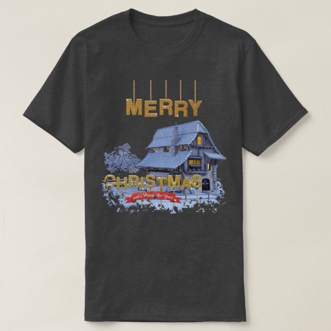T-shirt Maison d'hiver avec neige Joyeux Noël (Design devant)