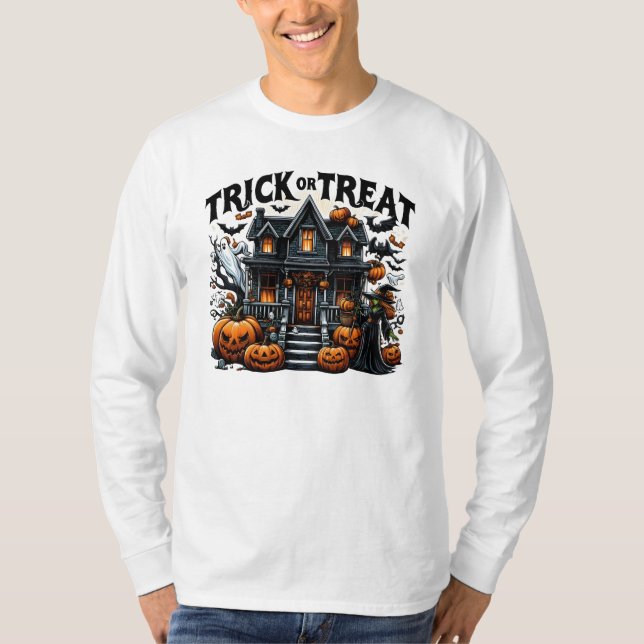 T-shirt Maison éffrayante avec citrouilles et fantômes (Devant)