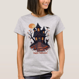 T-shirt Maison Hantée éffrayante et Chat Noir Halloween Nu