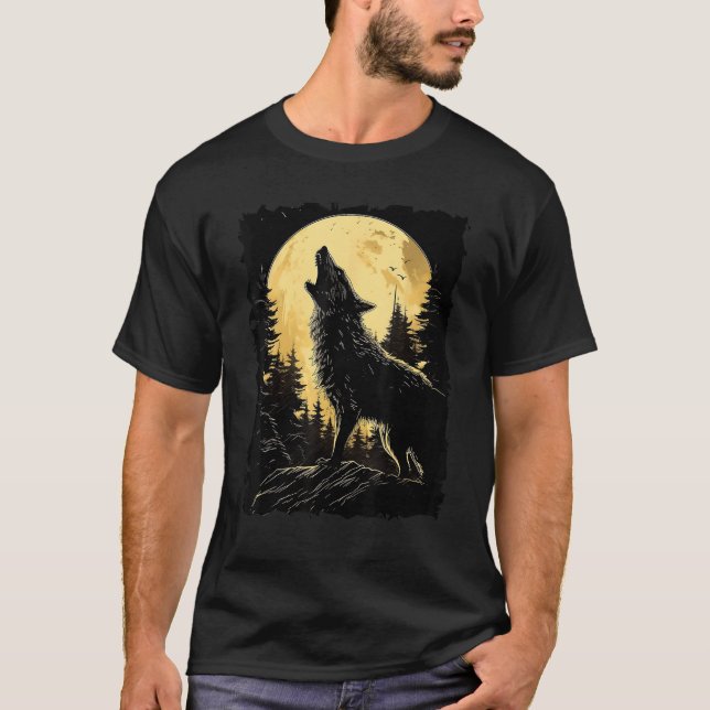 T-shirt Majestic Wolf Howling Full Moon Light Night Sky Wo (Devant)