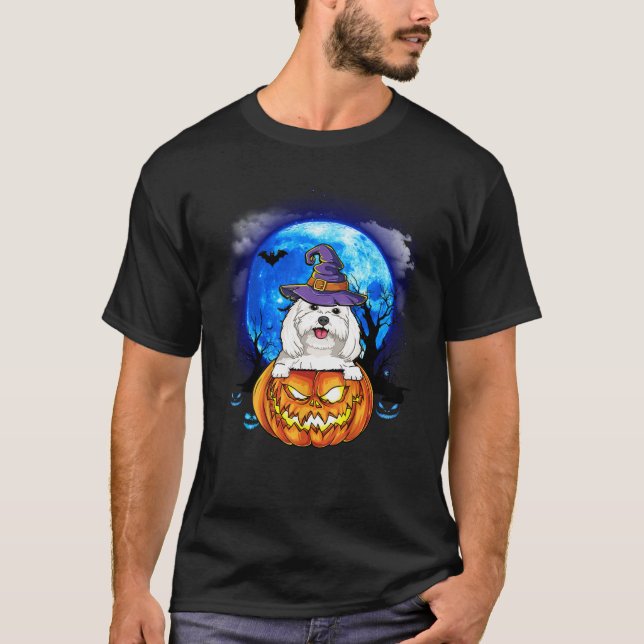 T-shirt Maltais sorcière Lune Citrouille effrayant Hallowe (Devant)