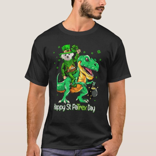 T-shirt Maltese Riding Dinosaur Patricks Day Shamrock (Devant)
