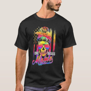 T-shirt Mama Messy Bun Hippie America Drapeau Mère Amériqu