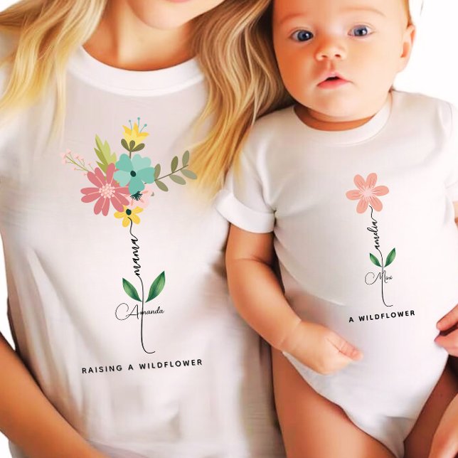 T-shirt Mama mini correspondant Fleur sauvage personnalisé (Créateur téléchargé)