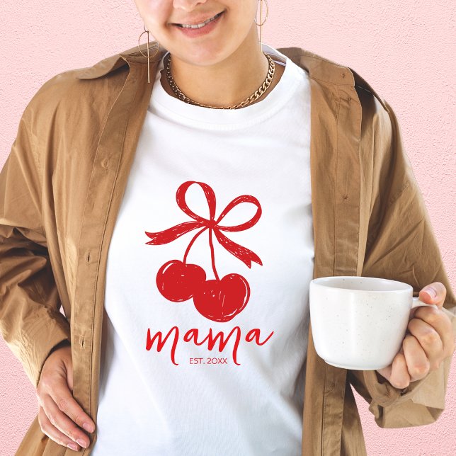 T-shirt Mama rouge mauve cerise dessinée à la main (Hand Drawn Cherry Cute Bow Red Mama T-Shirt)
