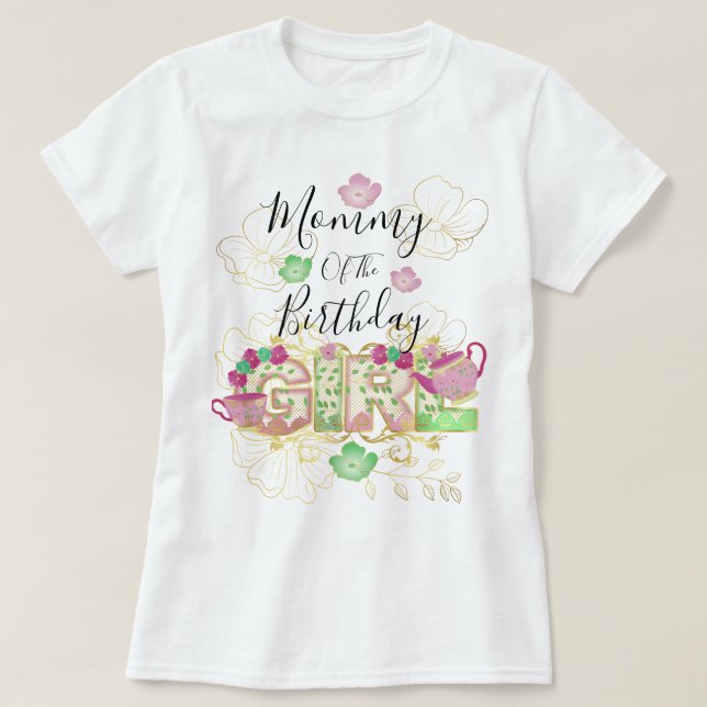 T-shirt Maman de Tea Party Anniversaire Fille |Floral (Design devant)