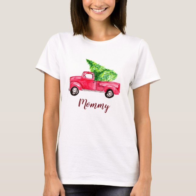 T-shirt Maman Red Pickup Camion Arbre de Noël aquarelle (Devant)