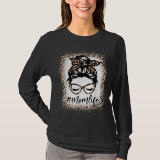 T-shirt Maman Vie Leopard Messy Bun Bleached Femmes Mères