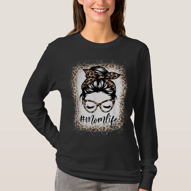 T-shirt Maman Vie Leopard Messy Bun Bleached Femmes Mères (Devant)
